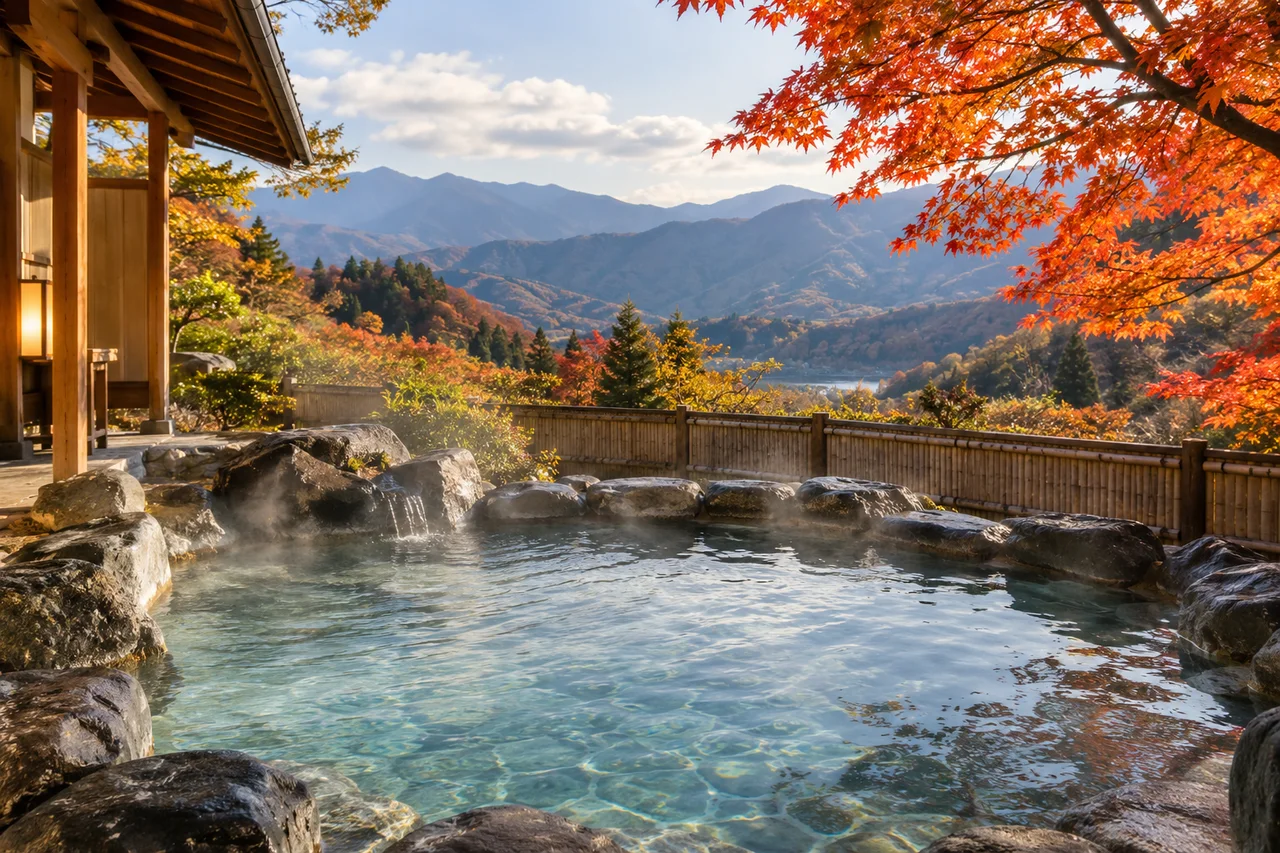木々が色づく山並みを望む、湯けむりの露天風呂